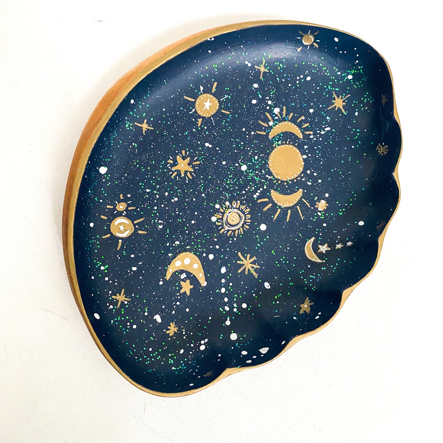 Sun, Moon and Stars, Celestial Hand Painted Vintage Wood Bowl, Scalloped Monkeypod Tray