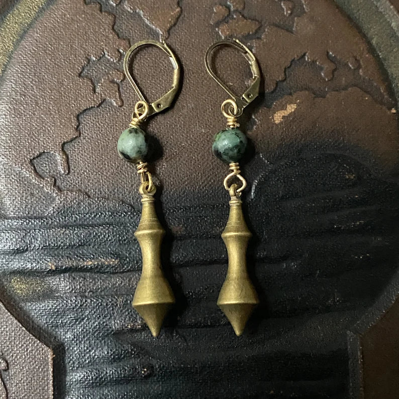 Dark Brass Spike Drop Earrings with Green Jasper