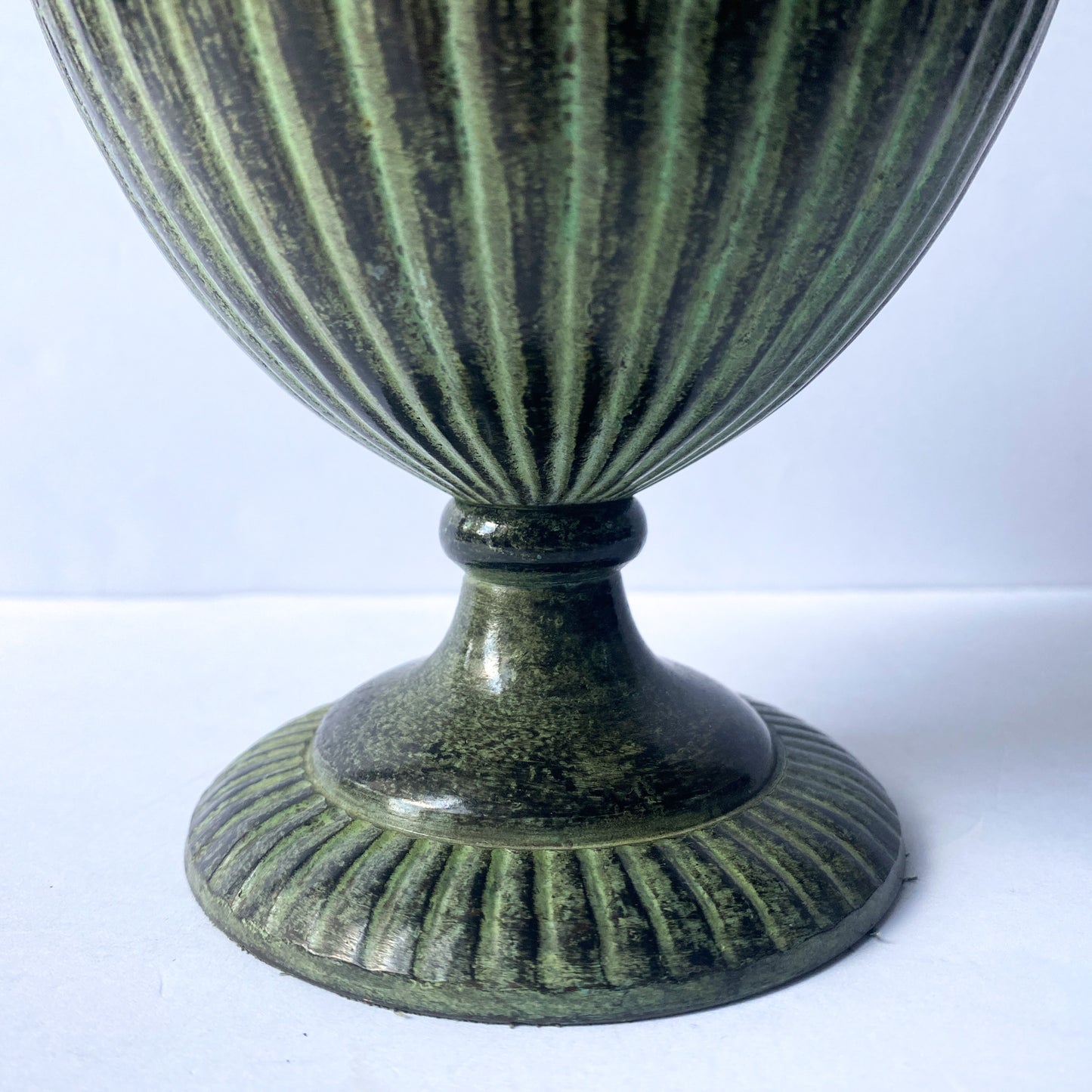 Vintage fluted metal pedestal vase, bronze tone with verdigris
