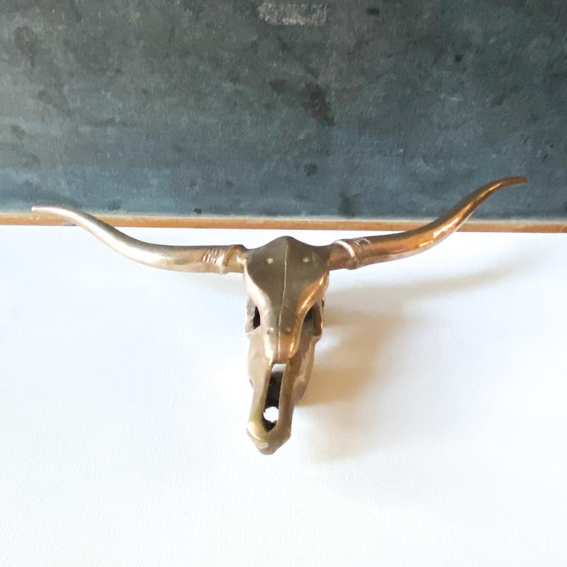 Vintage Large Brass Steer Skull, Longhorn Wall Hanging or Sculpture