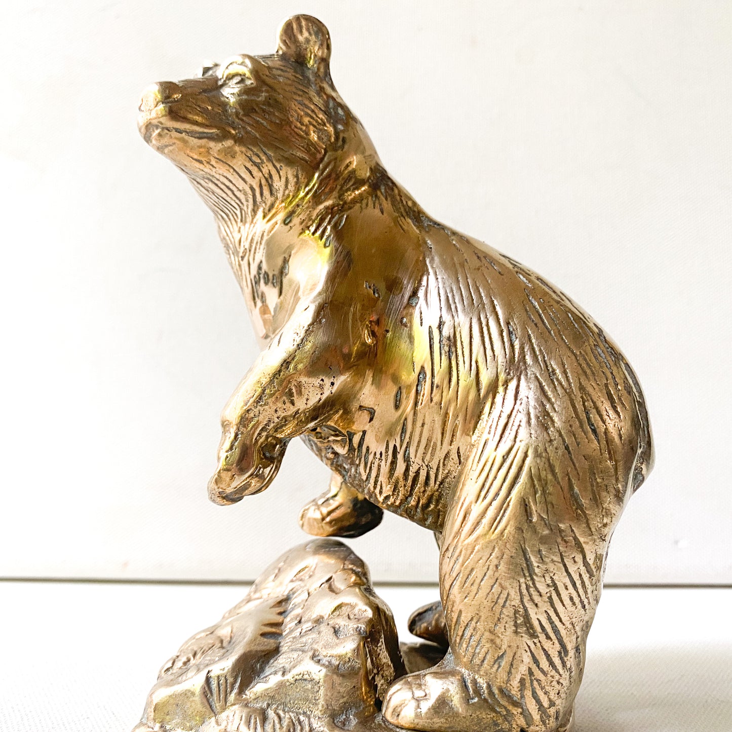 Vintage Brass Bear Sculpture, Bear on rock