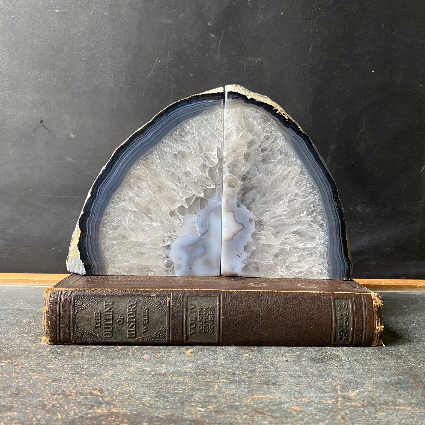 Vintage Frosty Blue Agate Geode Bookends