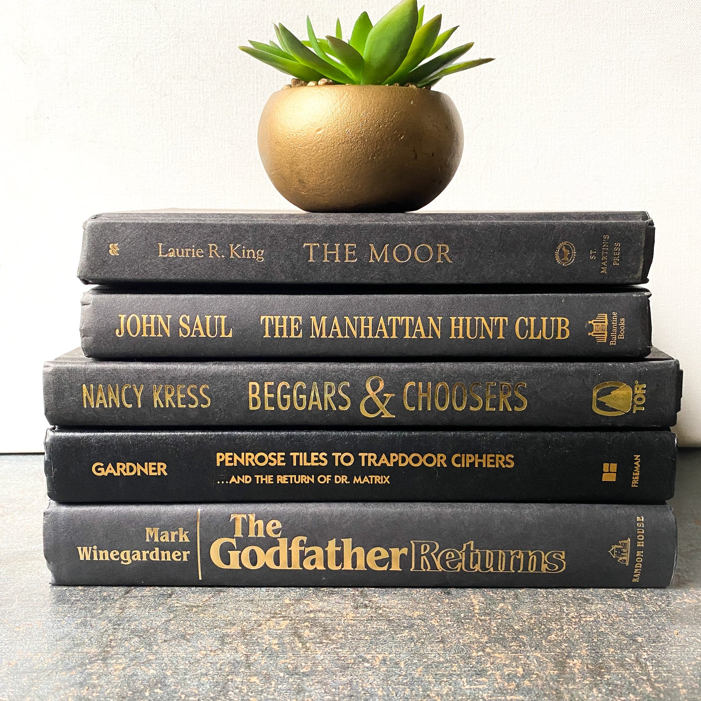 Vintage Black and Gold Decorative Book Lot, Set of 5, one signed by author