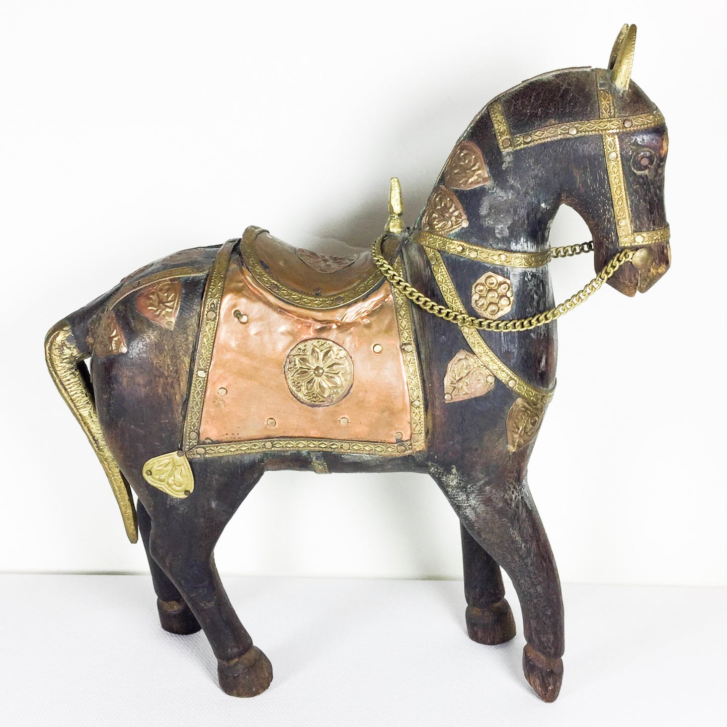 Vintage Wood and Metal Horse with brass and copper