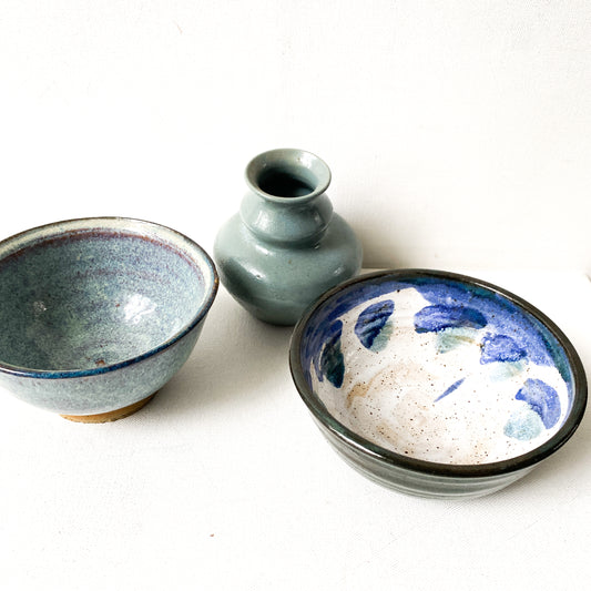 Studio Pottery Lot Vintage Trio of Studio Pottery in shades of blue