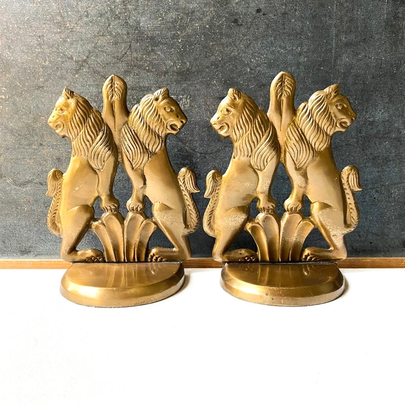 Vintage Brass Regal Lion Bookends, Heraldic Decor