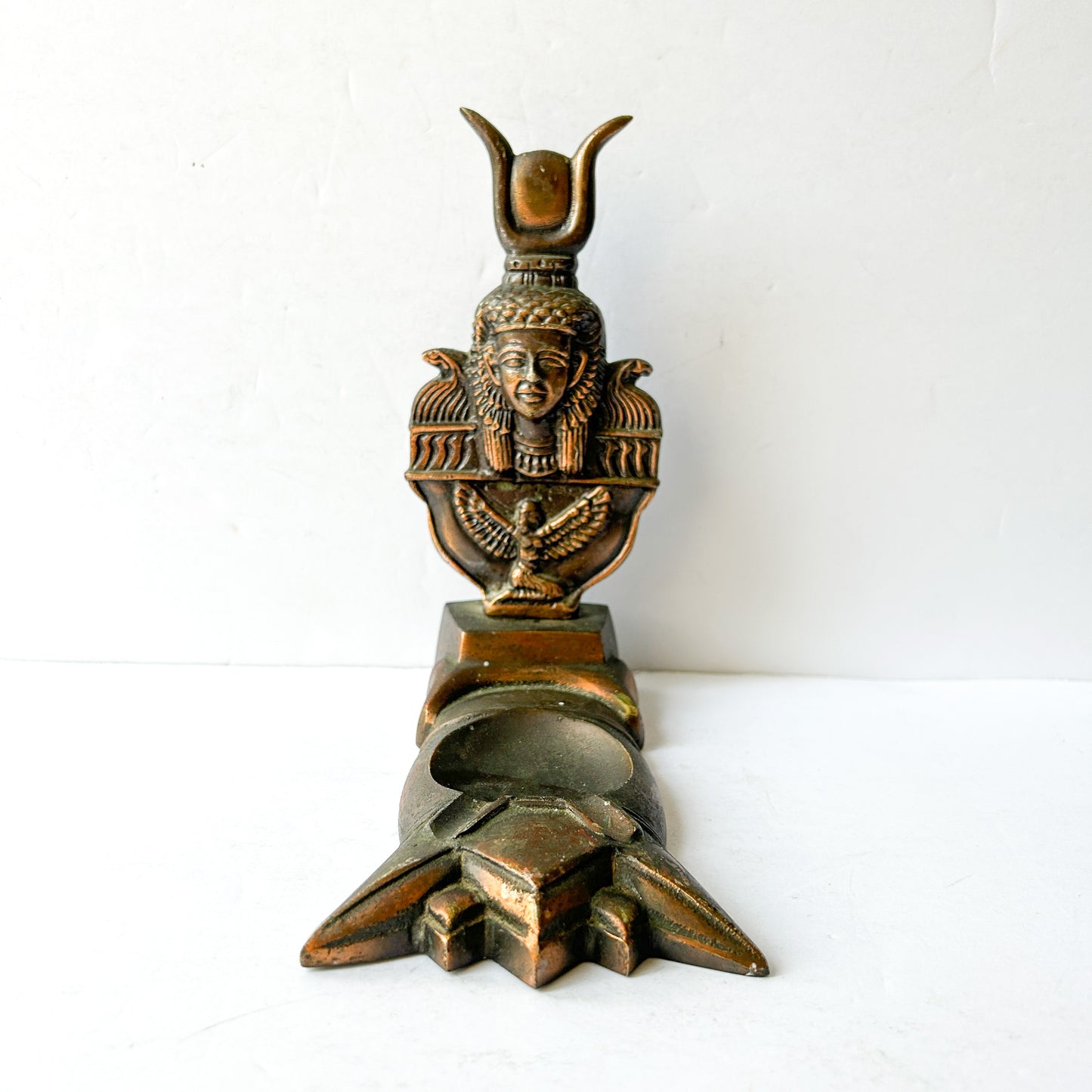Vintage Metal Egyptian Revival Ashtray, Goddess Hathor Incense Dish