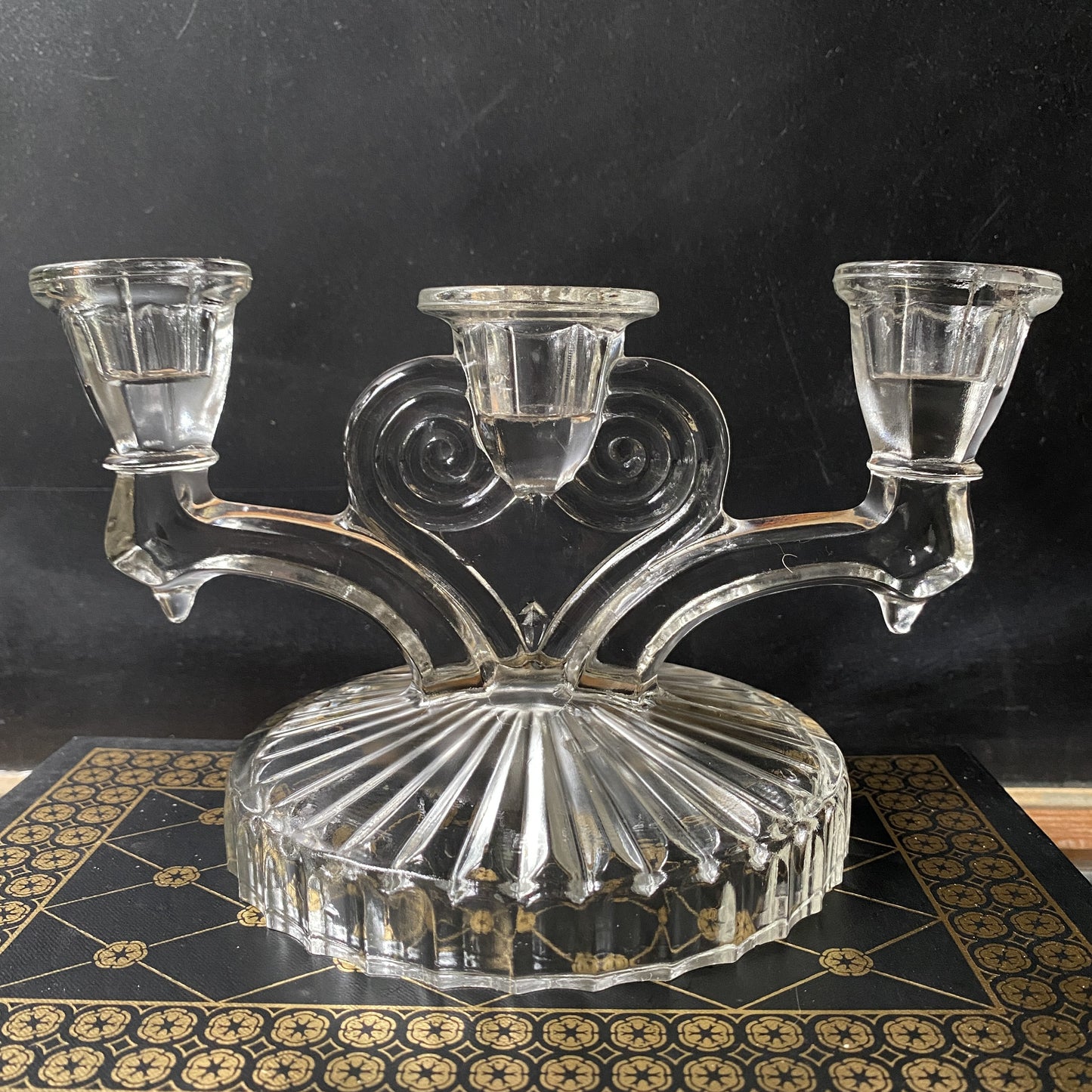 Vintage Pressed Glass Candleabra Set, Jeanette Cosmos Clear