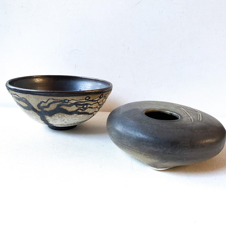 Vintage Asian Pottery, Ikebana Vase and Bowl with Bonsai Art