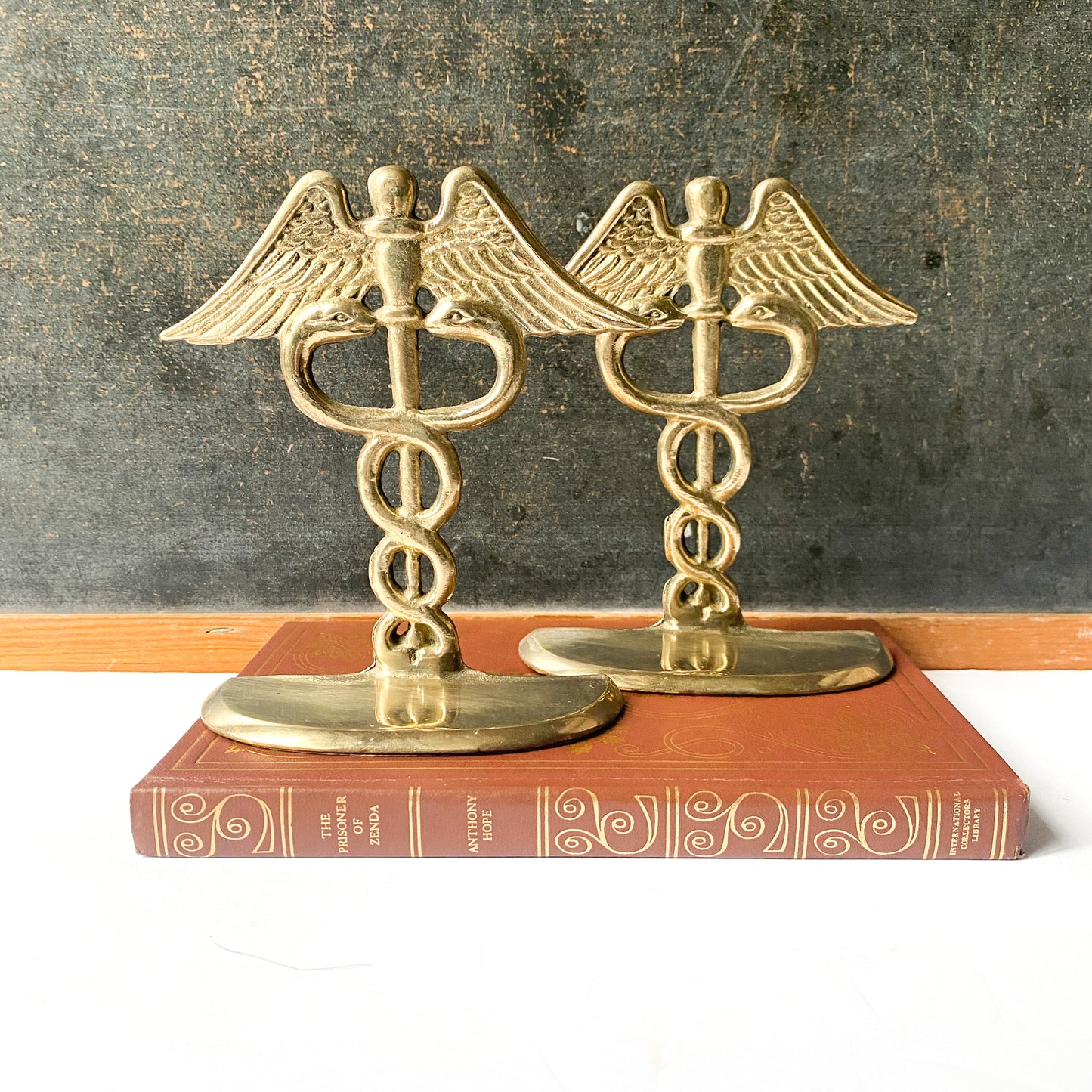 Vintage Brass Caduceus bookends, Intertwined Snake Decor