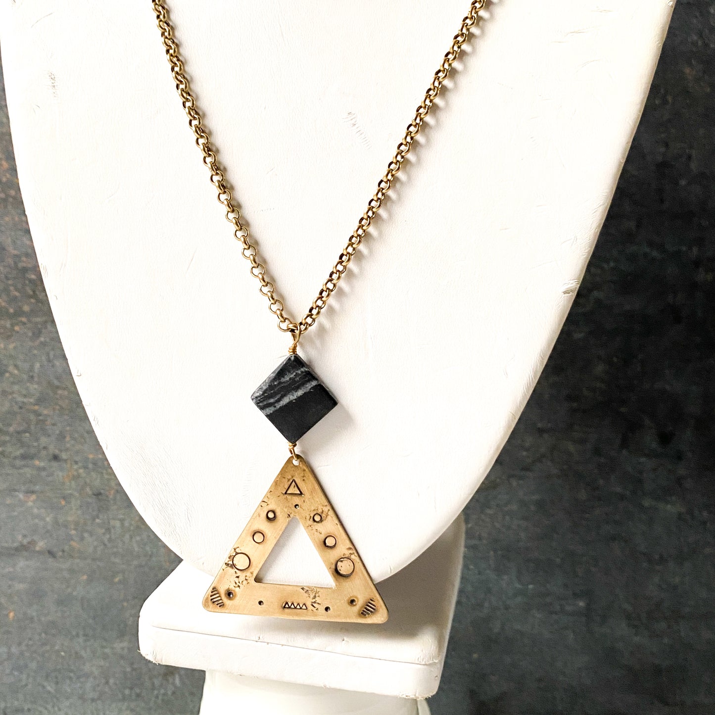 Celestial Geometry Necklace, Stamped Triangle Pendant