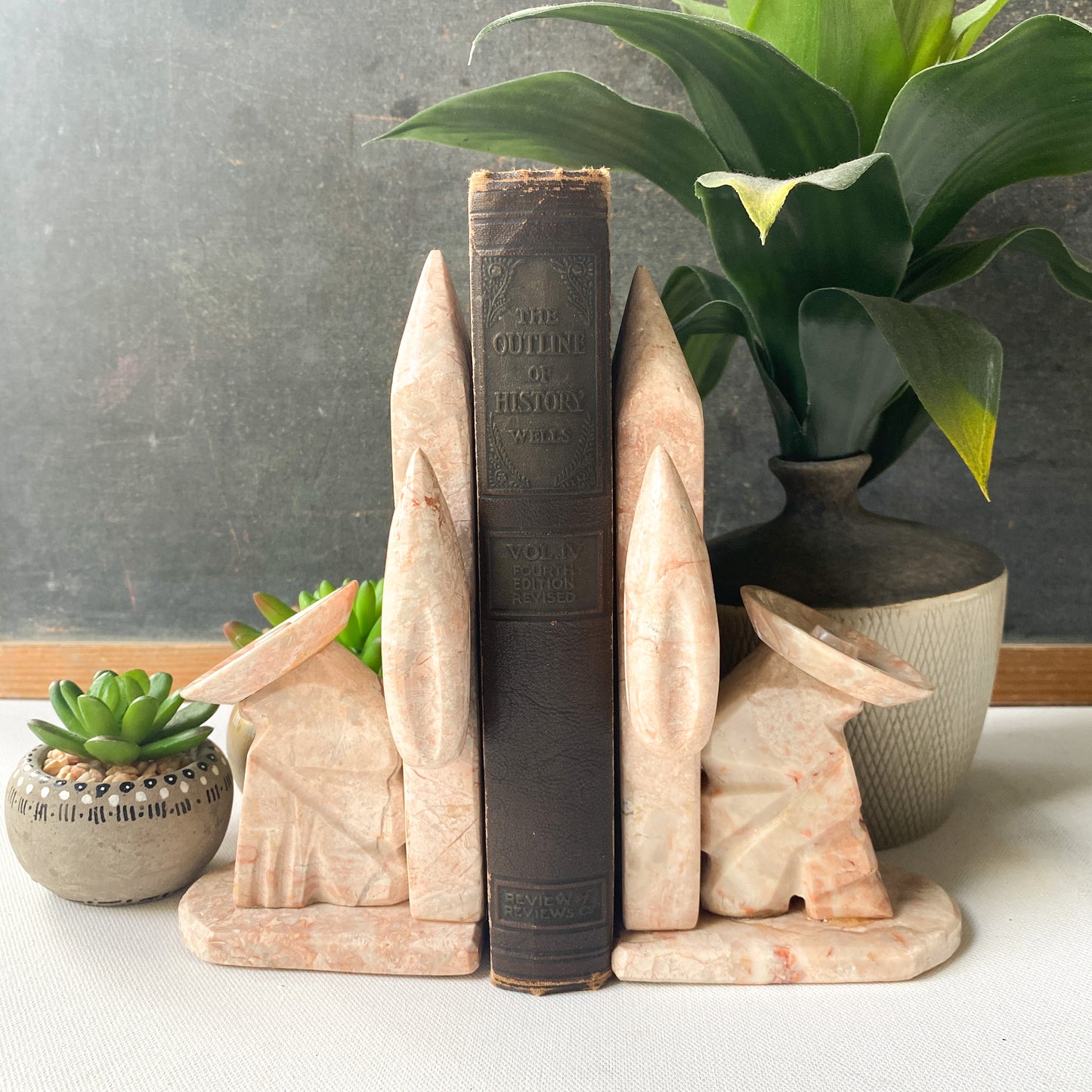 Vintage Marble Cactus Bookends, Peach / Pink Onyx