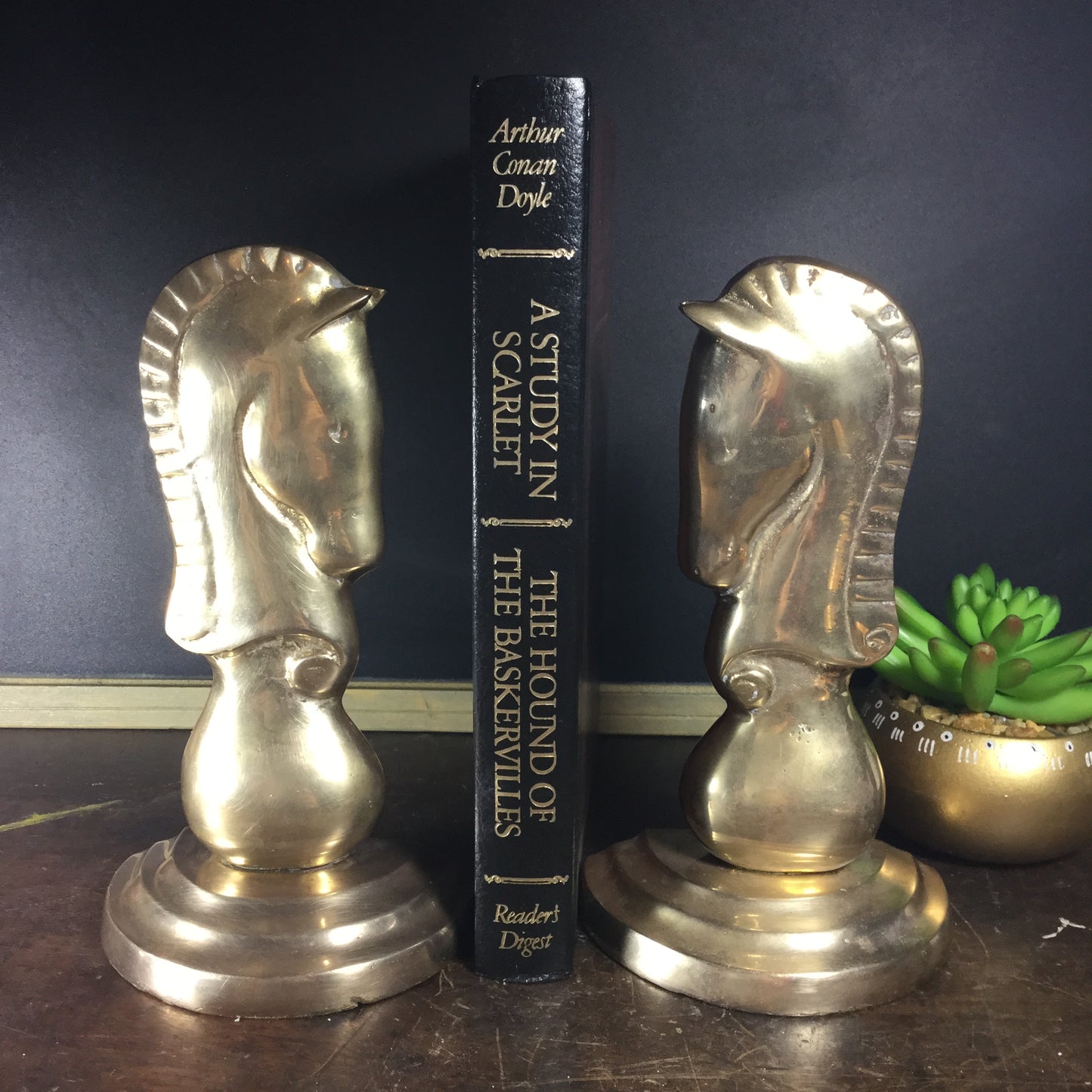 Vintage Brass Chess Knight Bookends - horse bookends