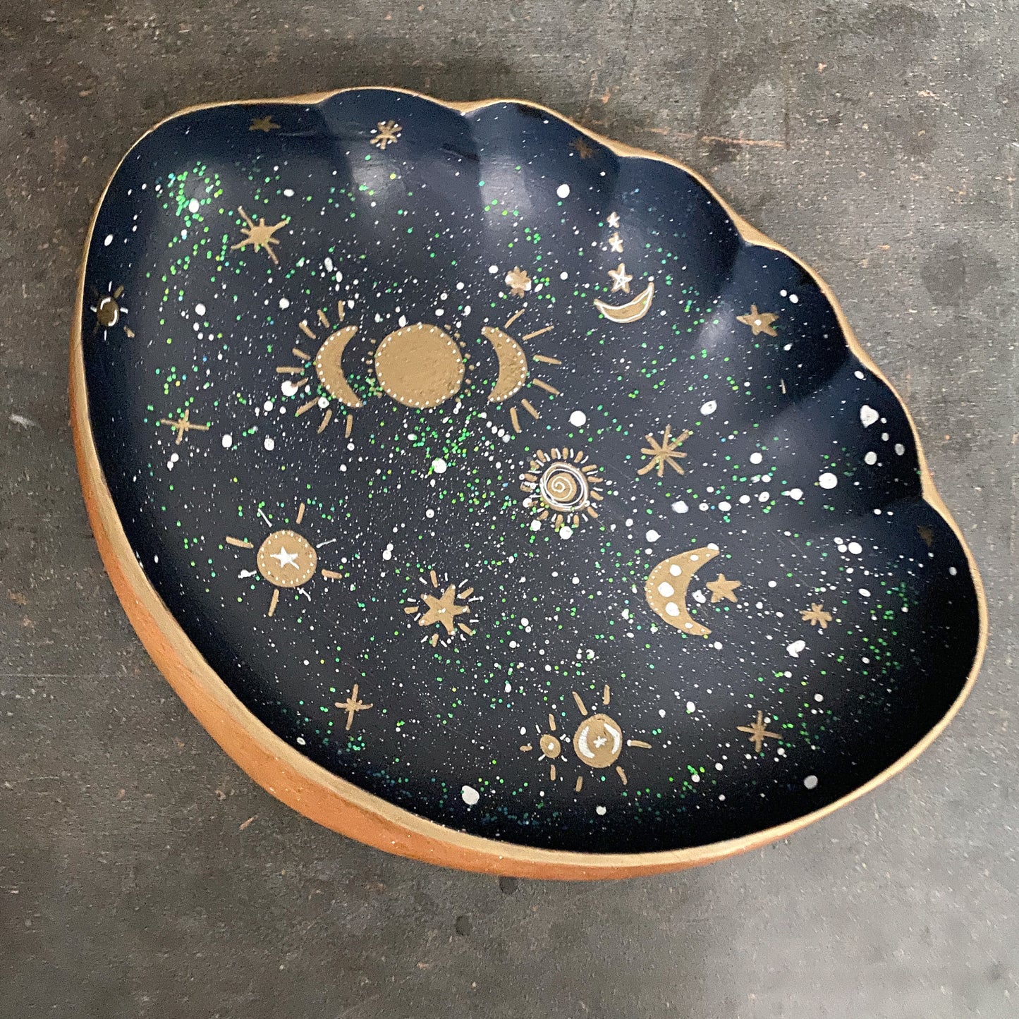 Sun, Moon and Stars, Celestial Hand Painted Vintage Wood Bowl, Scalloped Monkeypod Tray