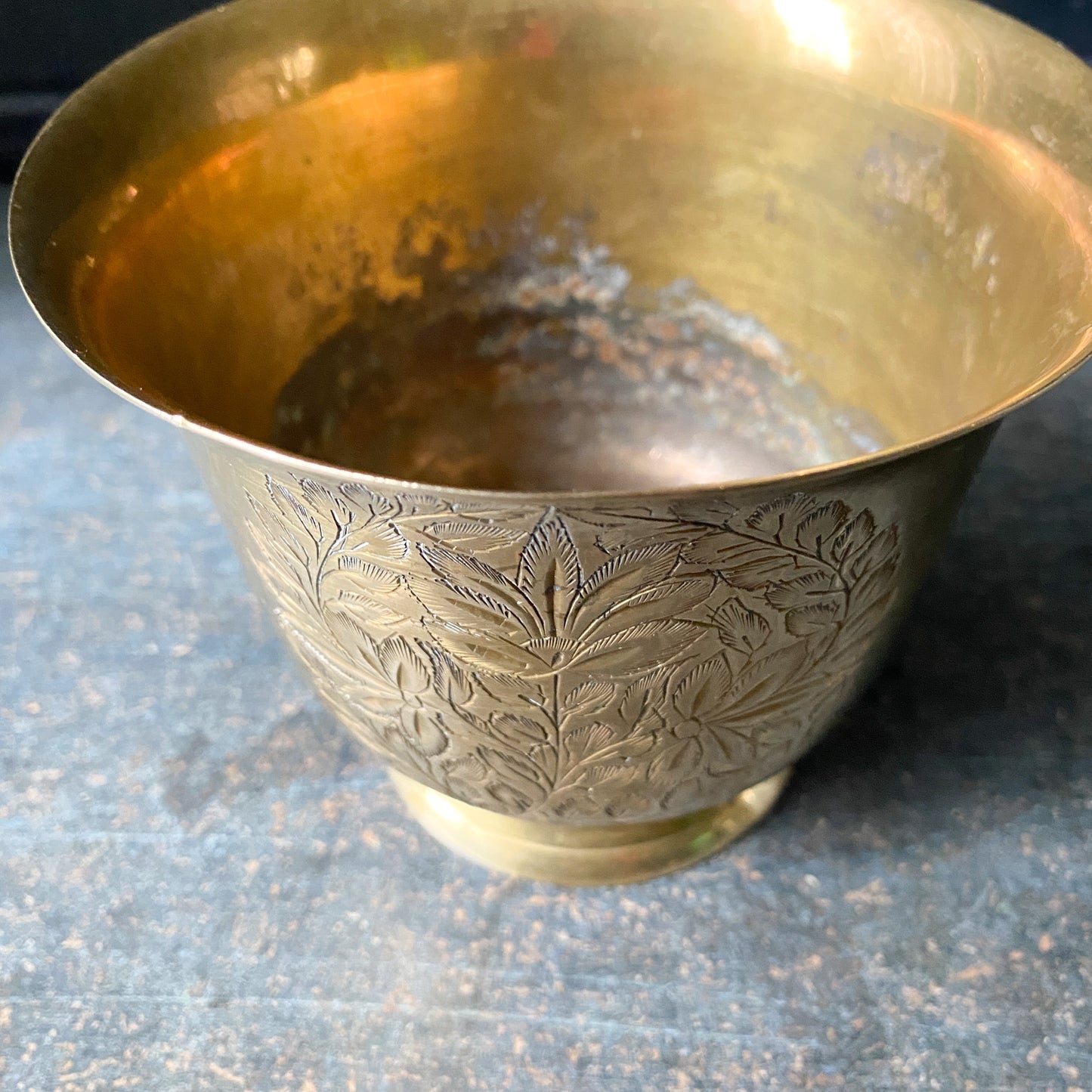 Vintage Etched Brass Planter Footed Pedestal Bowl