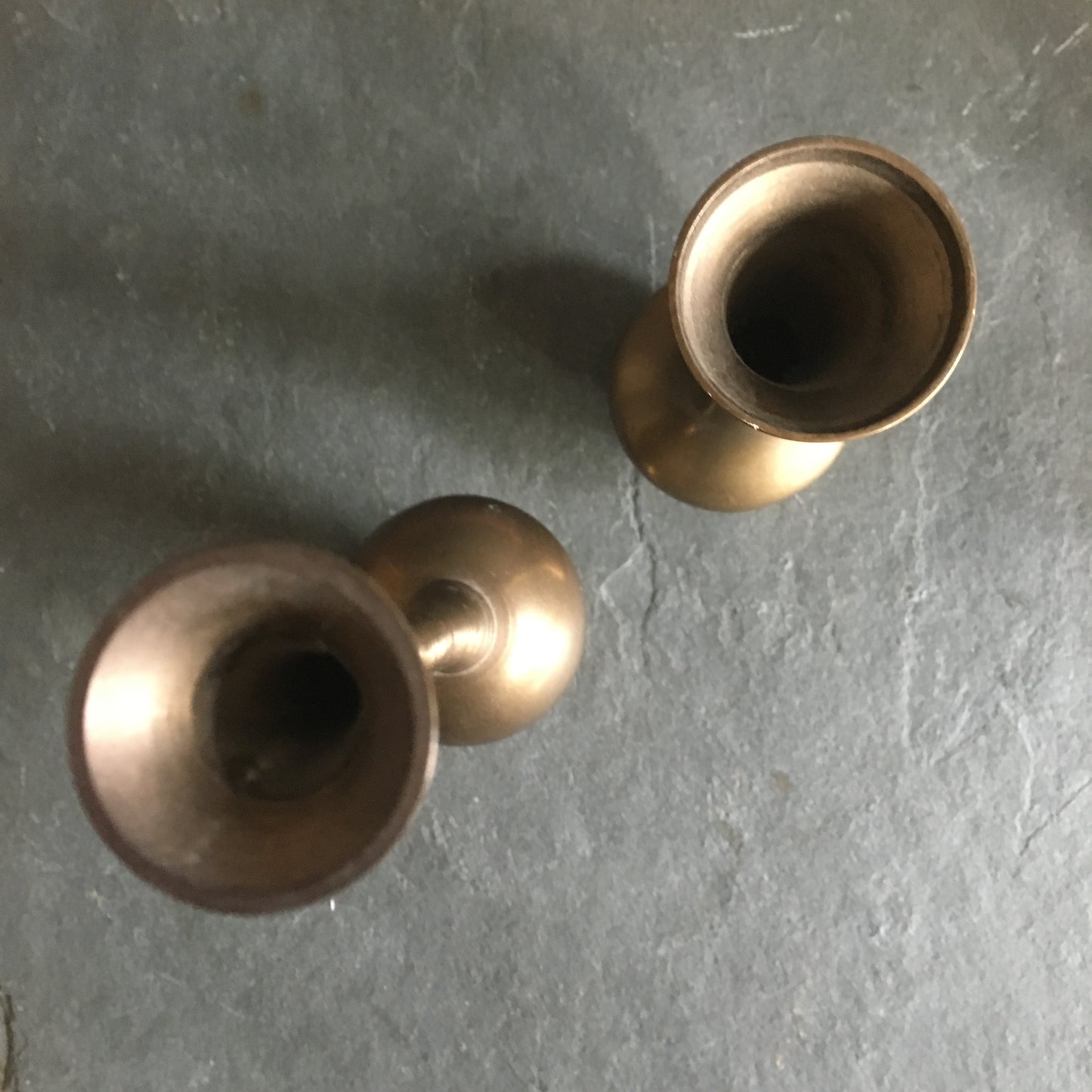 Vintage Brass Vases, Pair of Two in Antiqued Brass
