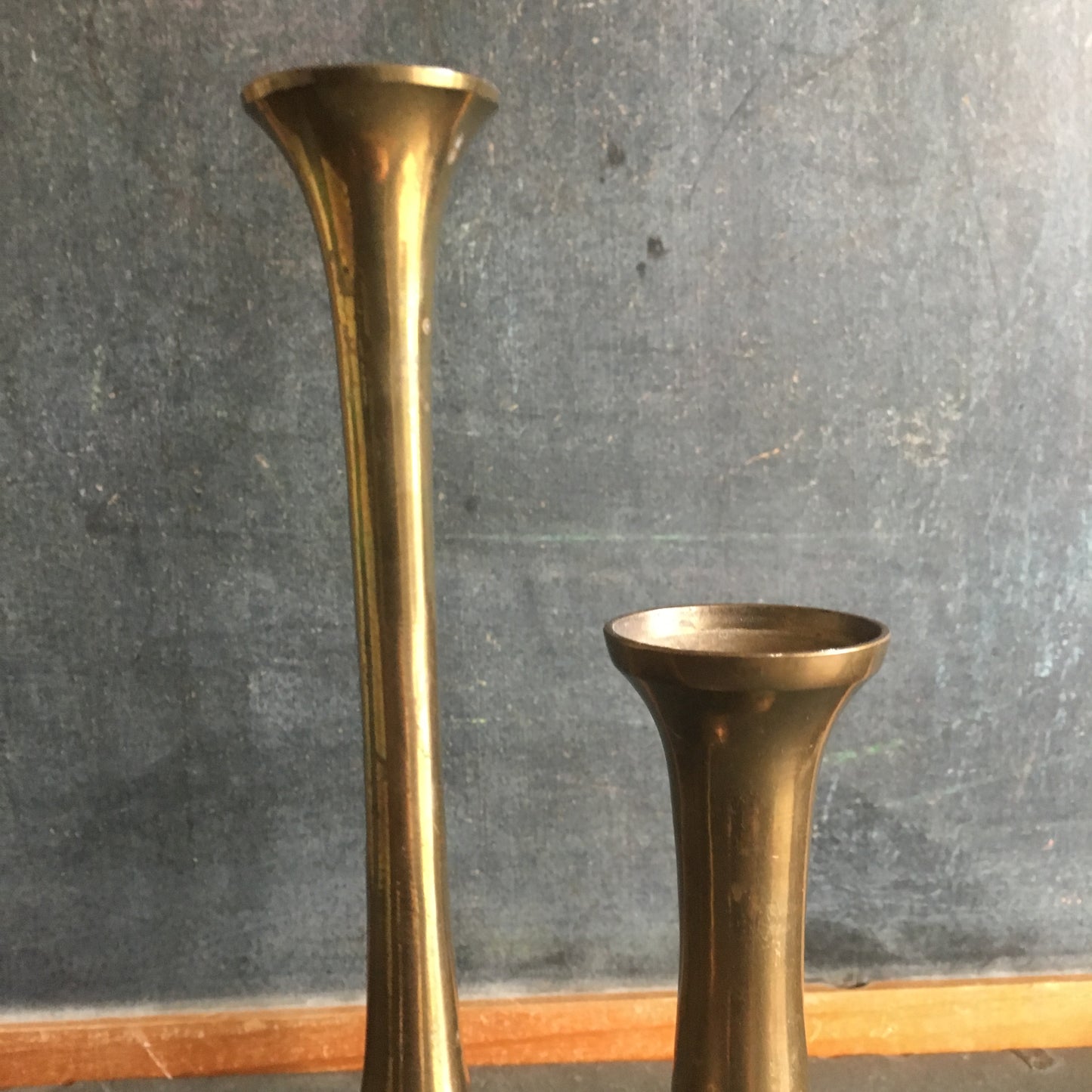 Vintage Brass Vases, Pair of Two in Antiqued Brass