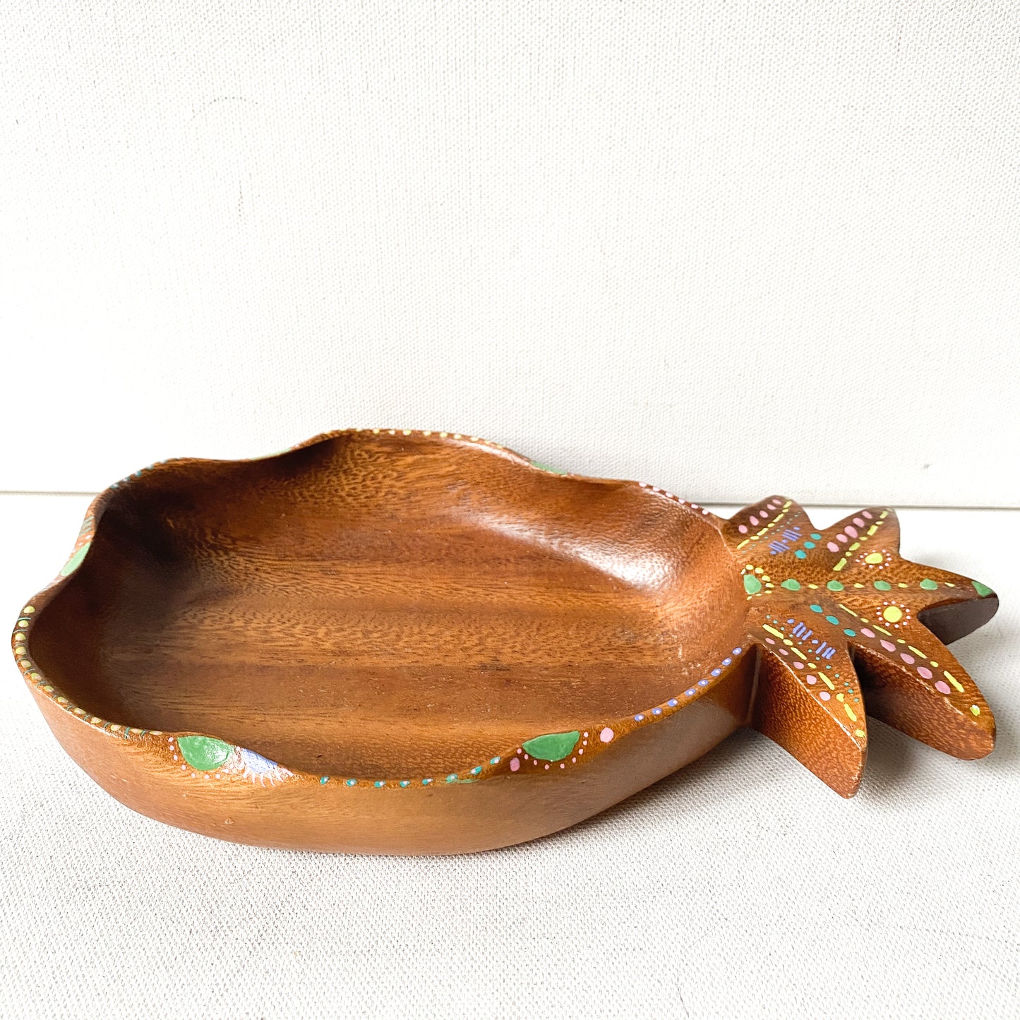 Vintage Wood Pineapple Bowl with Tropical, Bohemian Hand Painted details
