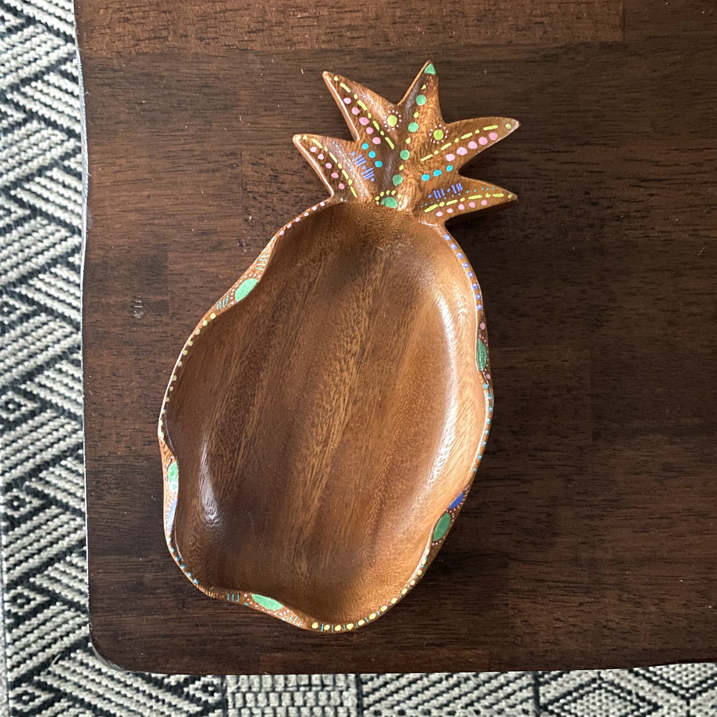Vintage Wood Pineapple Bowl with Tropical, Bohemian Hand Painted details