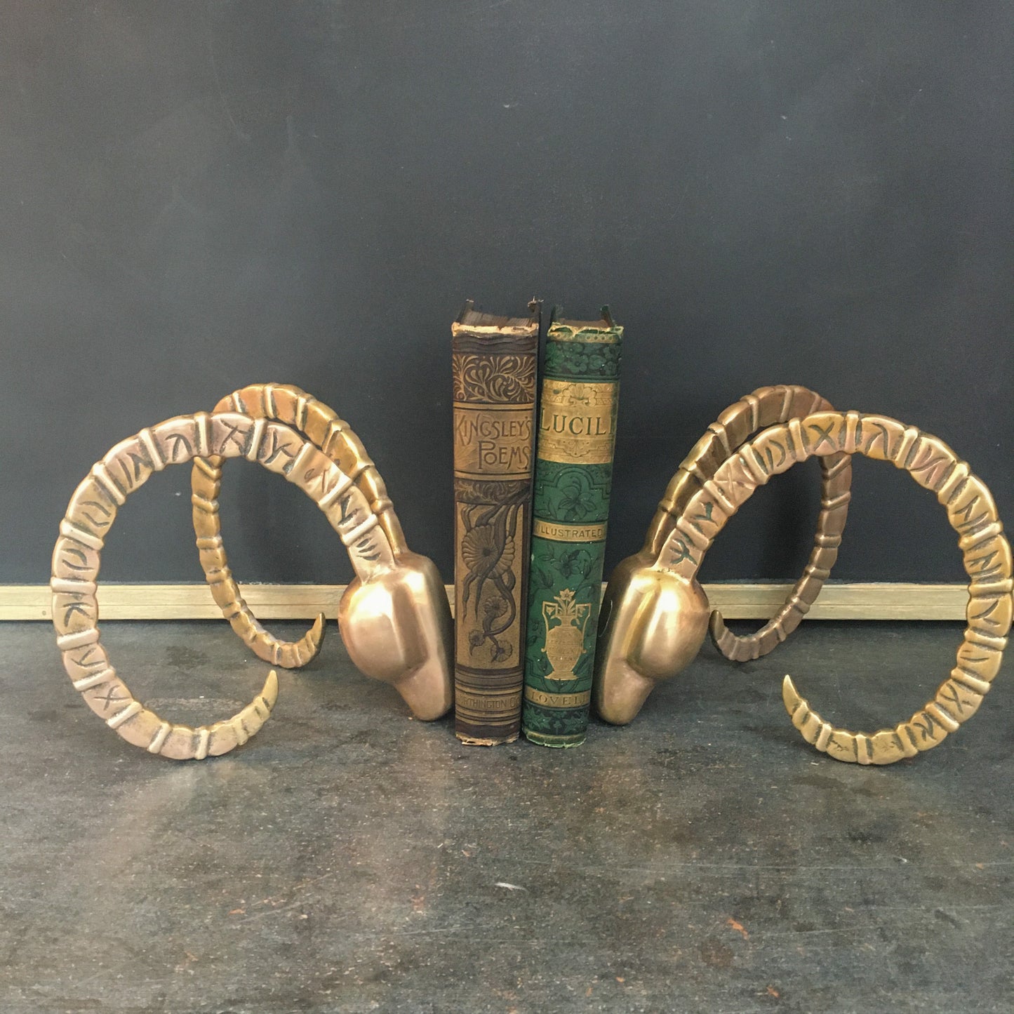 Brass Ram Head Bookends, Vintage Dolbi Cashier, Hollywood Regency