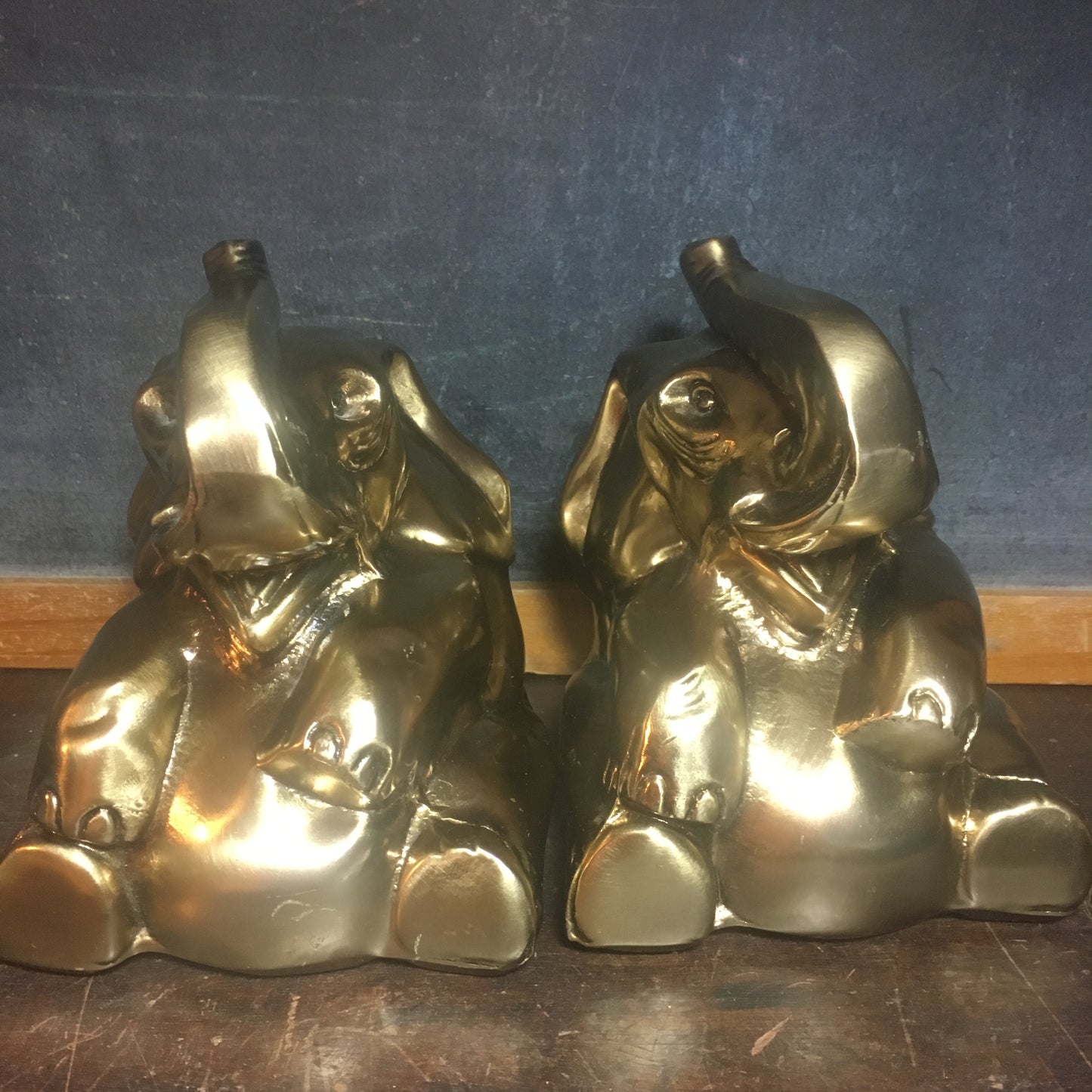 Vintage Brass Tone Happy Elephant Bookends