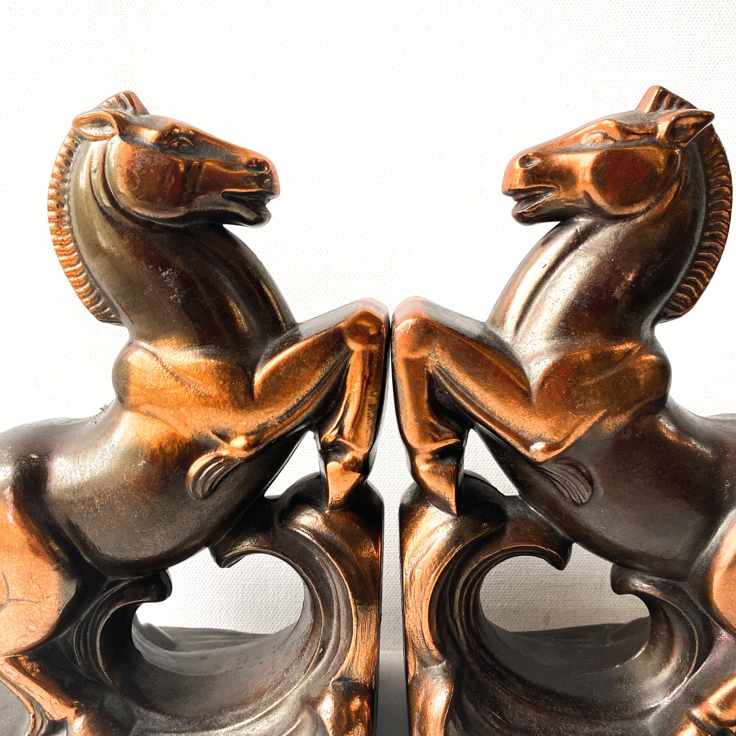 Vintage Art Deco Horse Bookends, Rearing Stallion, Copper and Bronze Tone