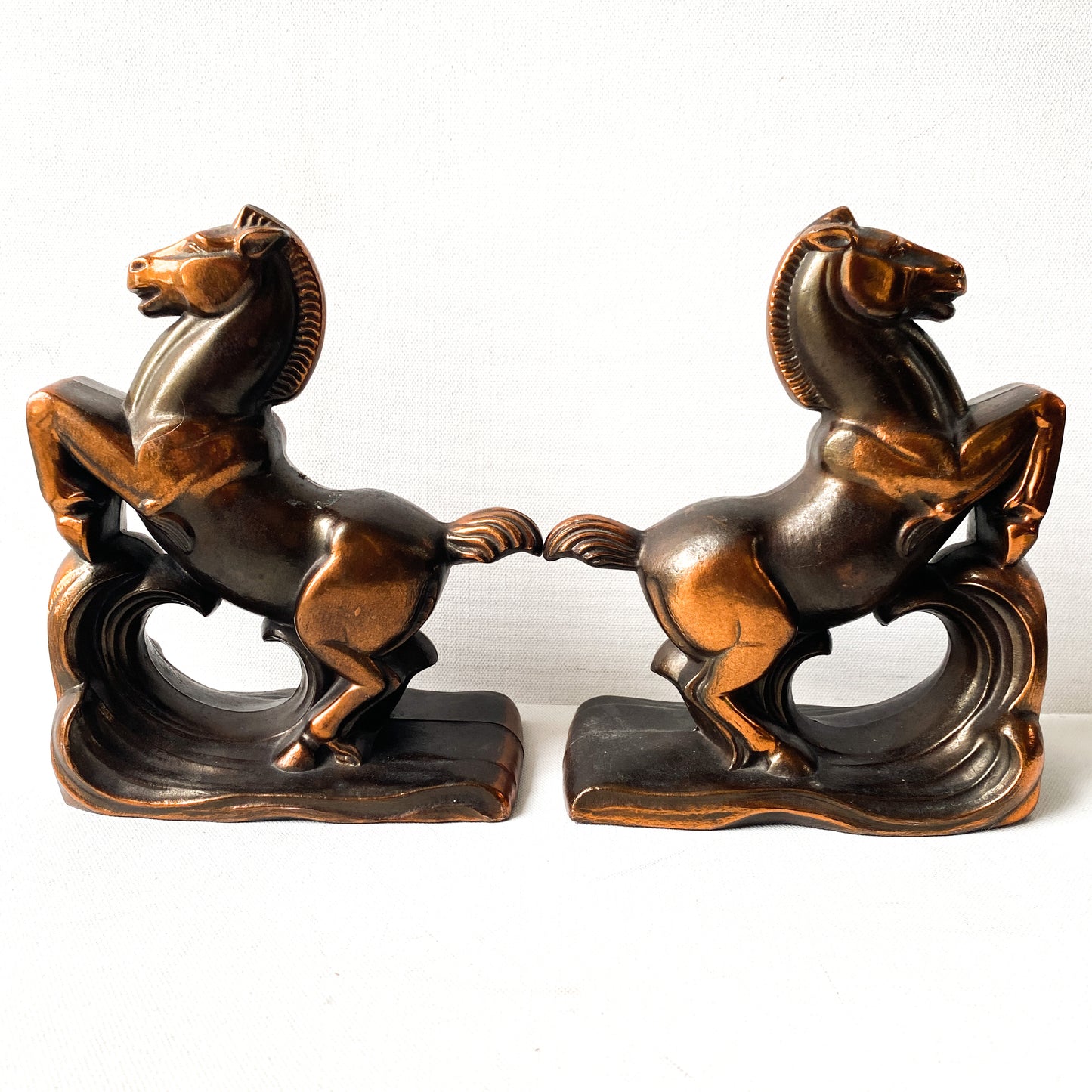 Vintage Art Deco Horse Bookends, Rearing Stallion, Copper and Bronze Tone