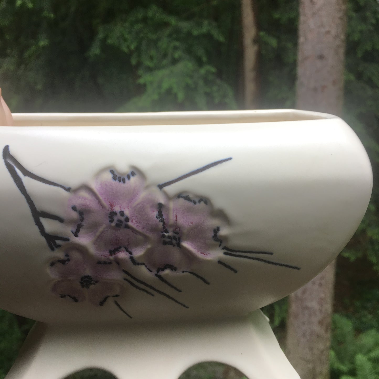Vintage McCoy spring wood planter - pink dogwood - midcentury pottery
