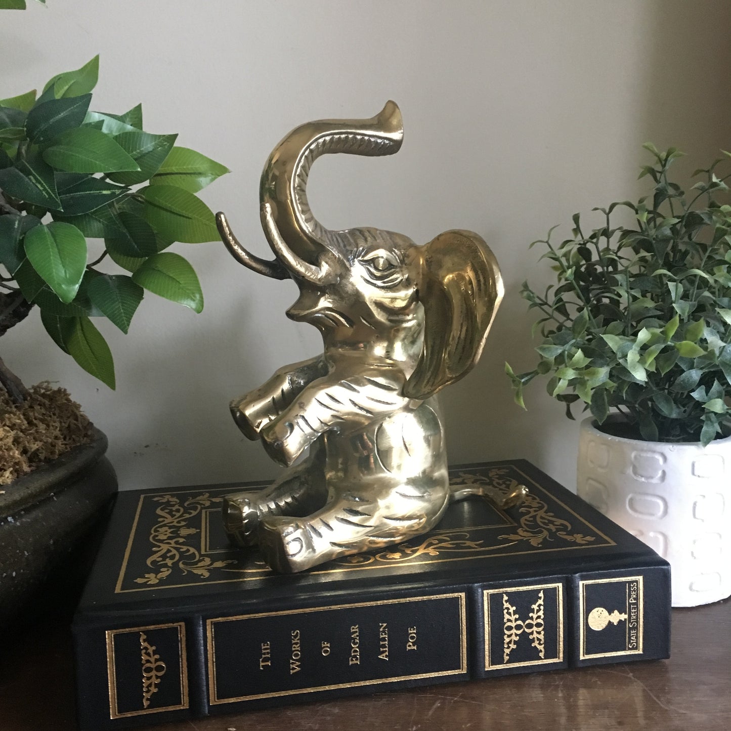 Vintage Brass Sitting Elephant Statue with trunk up