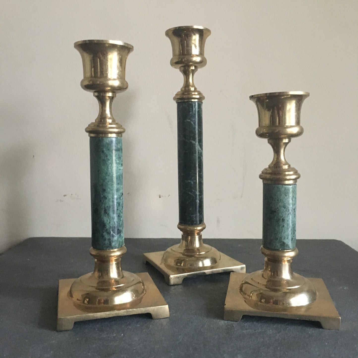 Set of Three Green Marble and Brass Candlestick Holders