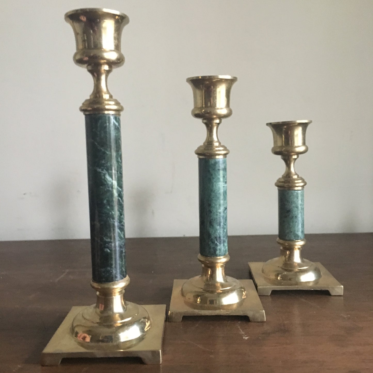 Set of Three Green Marble and Brass Candlestick Holders