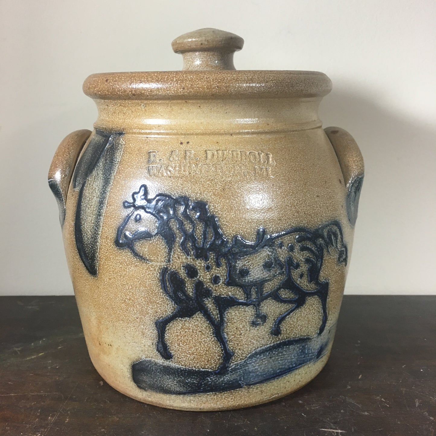 R. & B. Diebboll Lidded Stoneware Crock with Horse Motif