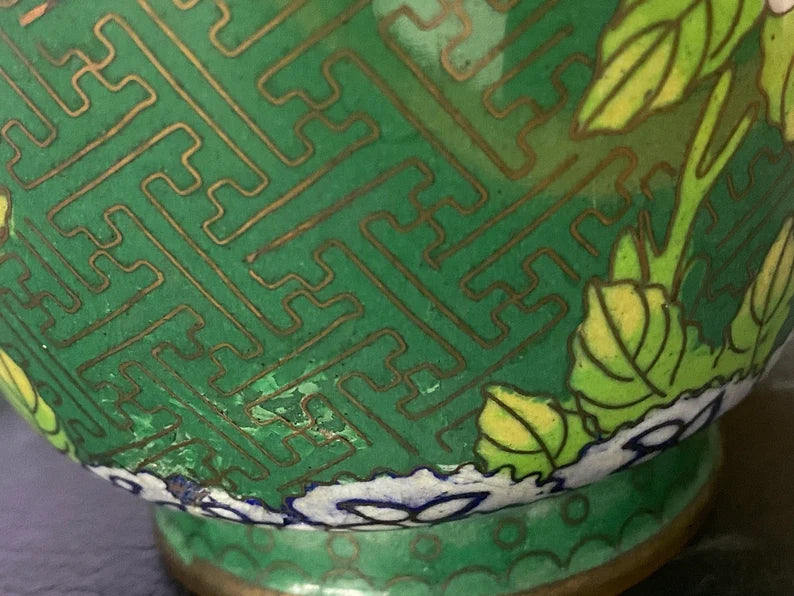 Vintage Green Chinese Cloisinne Enameled Brass Vase