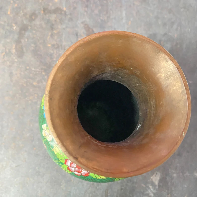 Vintage Green Chinese Cloisinne Enameled Brass Vase
