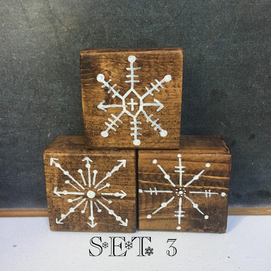 Rustic Wood Snowflake Blocks, Hand Painted Winter Decor