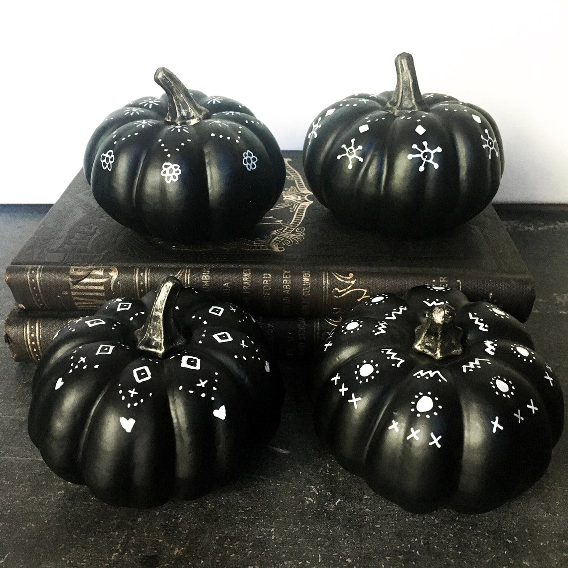 Painted Pumpkins, Set of four black and white mini pumpkins