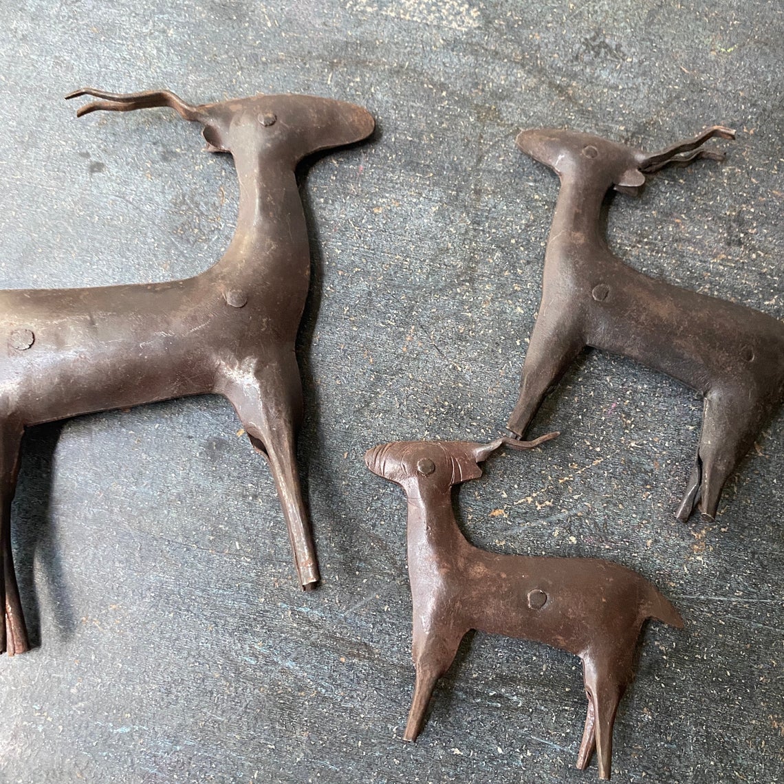 Vintage Metal Antelope Sculptures, Rustic Trio of 3