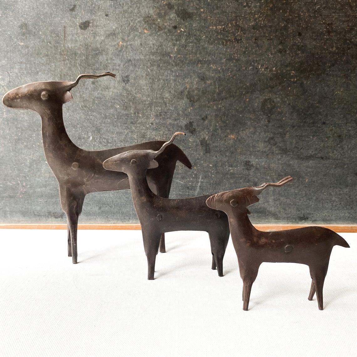 Vintage Metal Antelope Sculptures, Rustic Trio of 3
