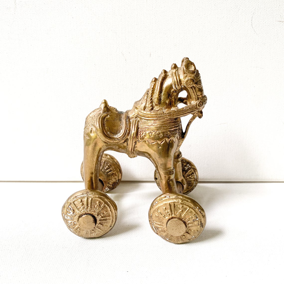 Vintage Brass Horse on Wheels, India Temple Toy, Trojan Horse Style