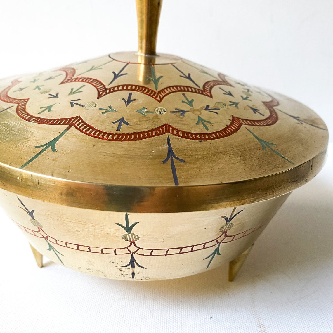 Vintage Bohemian Style Brass, Lidded Pedestal Bowl