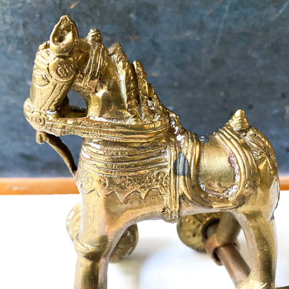 Vintage Brass Horse on Wheels, India Temple Toy, Trojan Horse Style