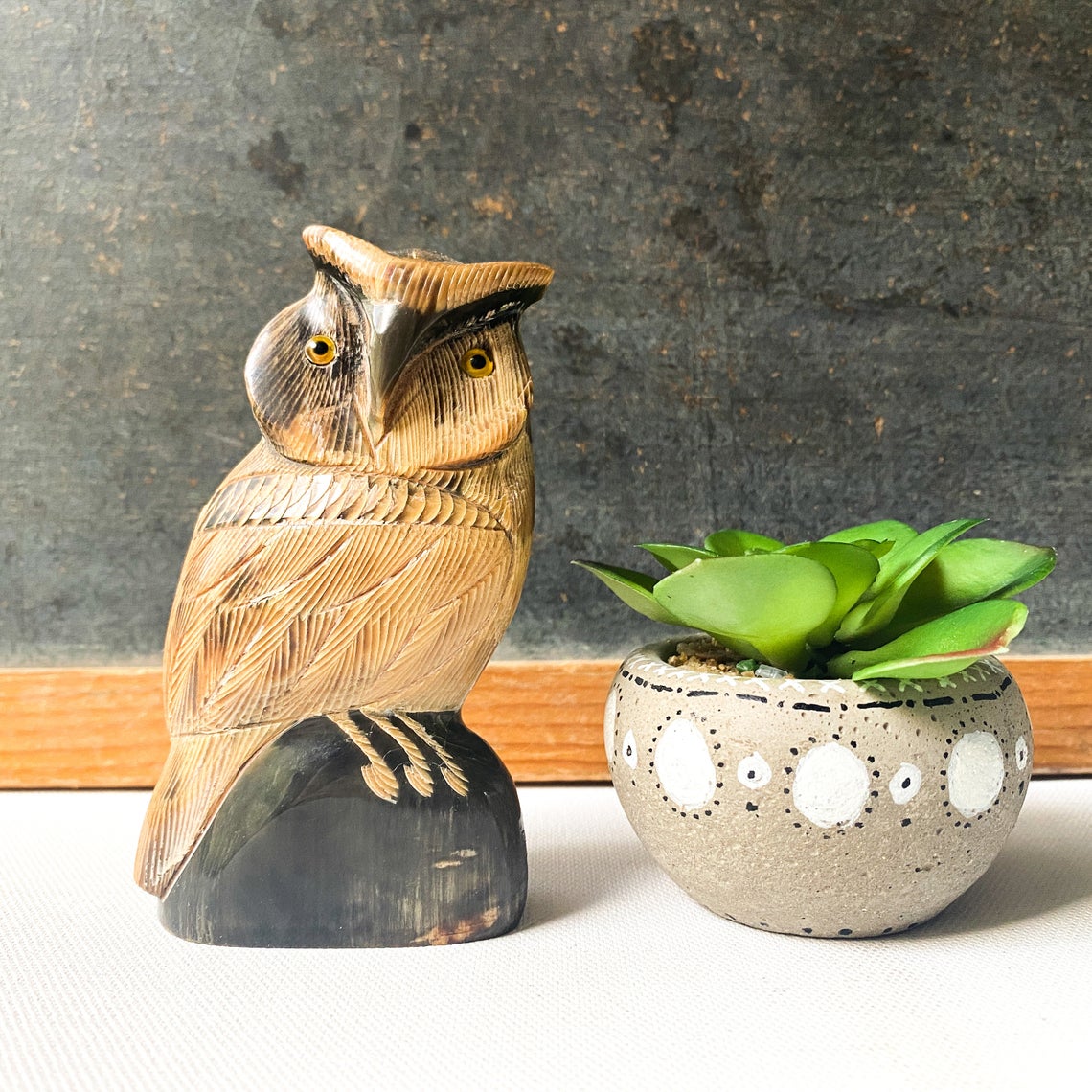 Vintage Hand Carved Horn Owl Figurine