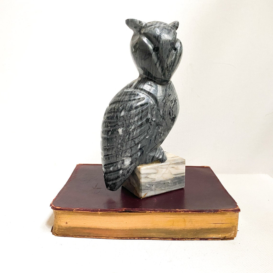Vintage Black Marble Owl Sculpture