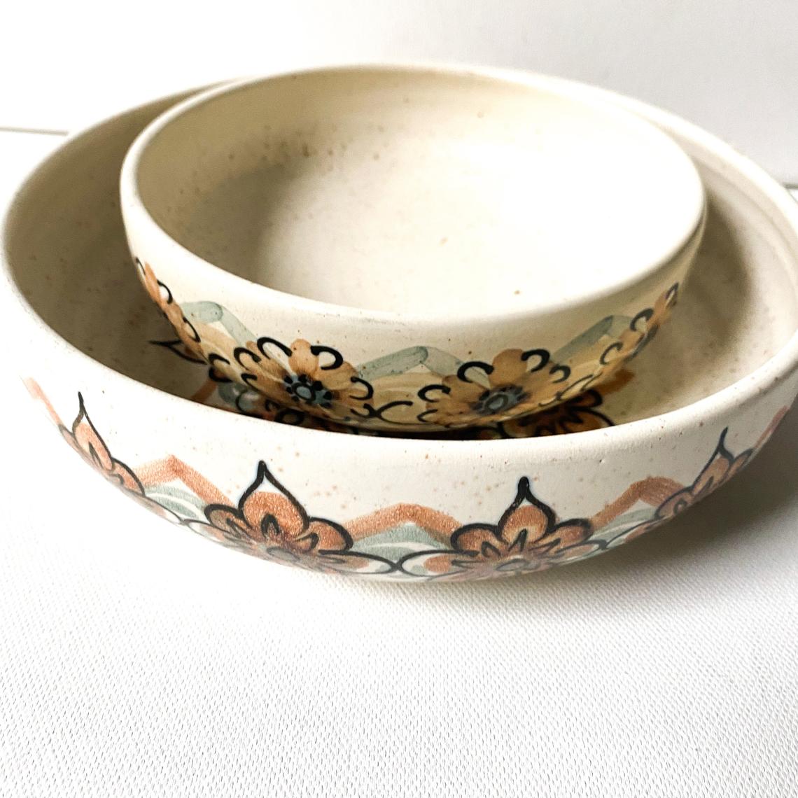 Vintage Stoneware Bowl Set, Retro Flowers