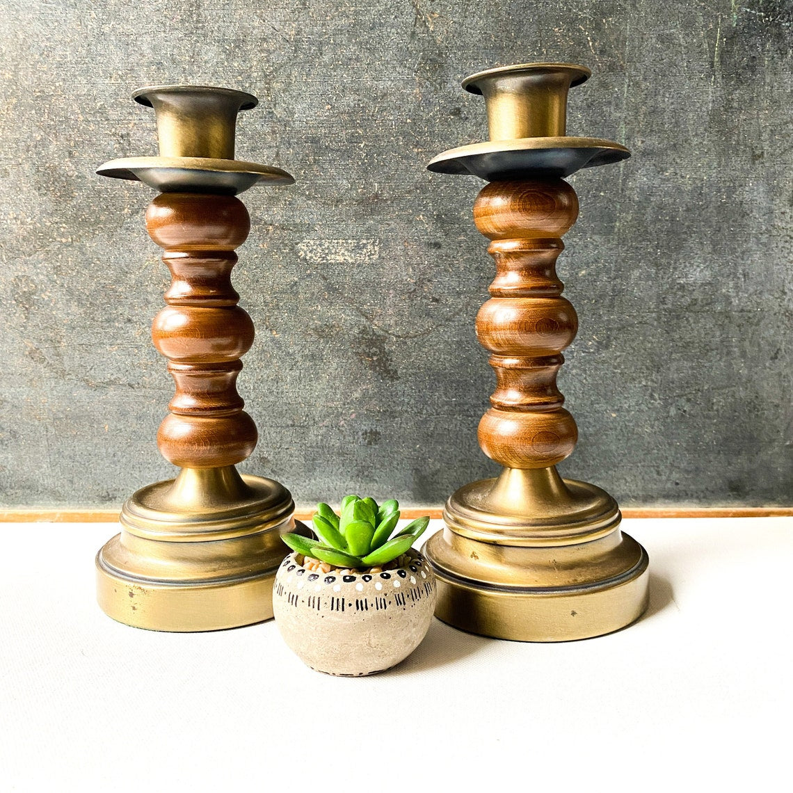 Vintage Wood and Brass Candle Holders