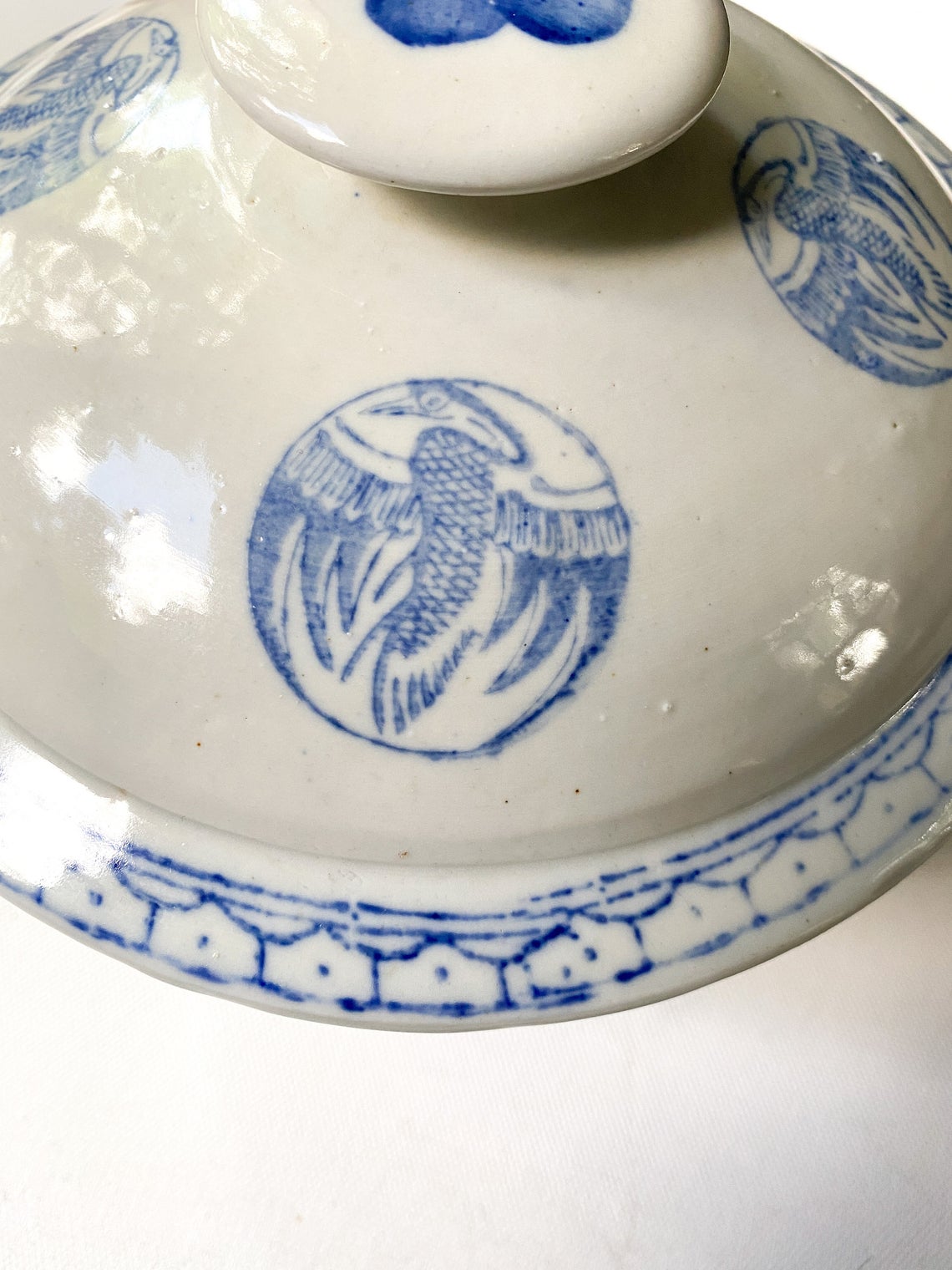 Vintage Blue and White Lidded Rice Bowl, Chinoserie