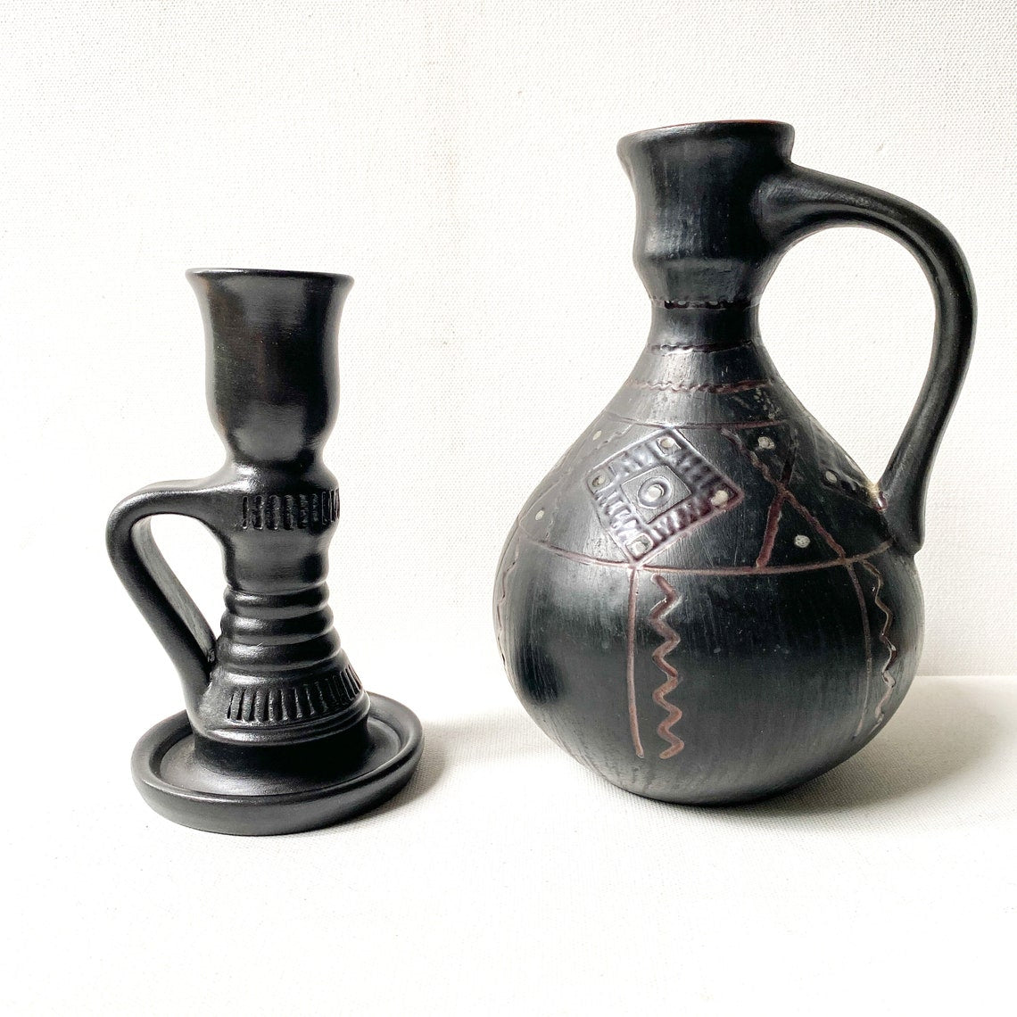 Vintage Black Pottery Set, Folk Art Studio Pottery