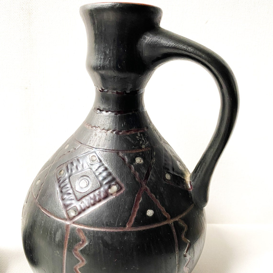 Vintage Black Pottery Set, Folk Art Studio Pottery