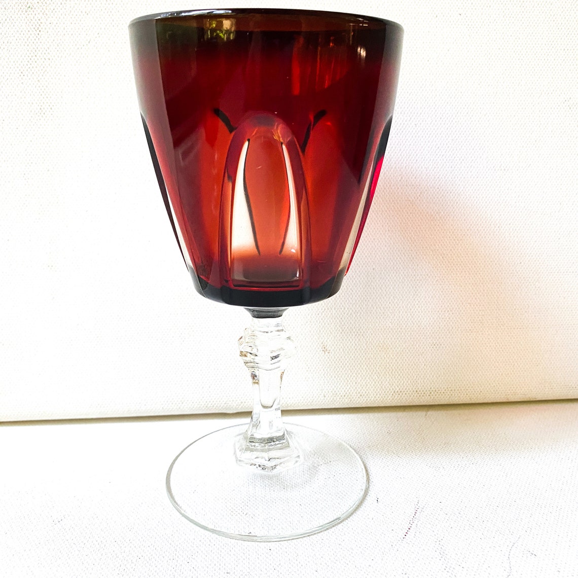 4 Vintage Cristal D'Arques Durand Americana Ruby Red Stem Wine Glasses  France - Four Clear Wide Bowl Set - Retro Luminarc Stemware