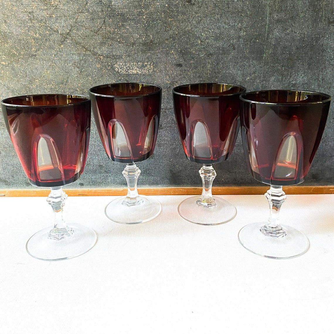 Vintage Red Wine Goblets, Cristal D'Arques Durand of France, Ruby Red Gothic Arch Wine Goblets